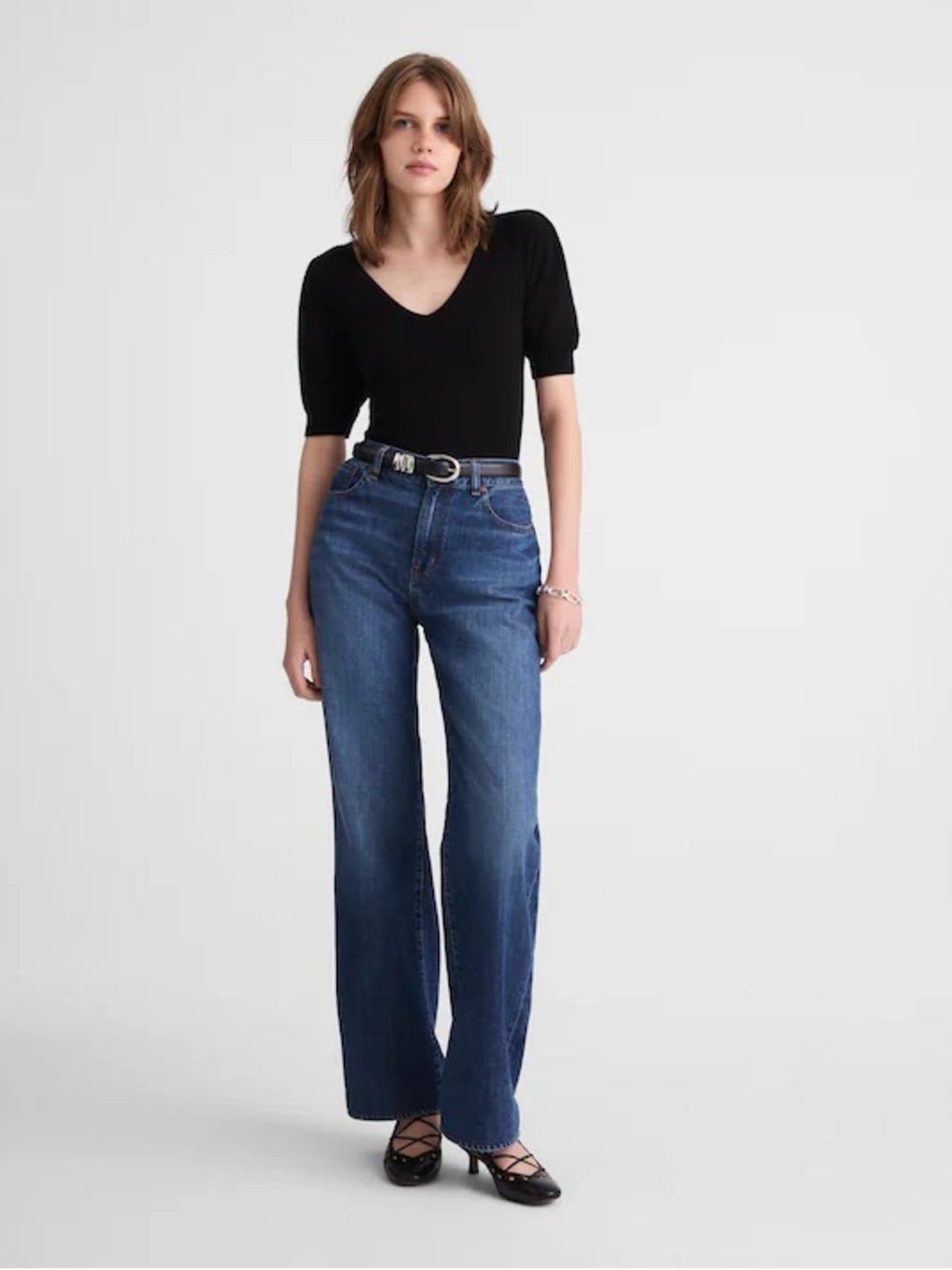 NWT! Madewell - V-Neck Puff-Sleeve Sweater Tee in Cashmere - Black - Size Large